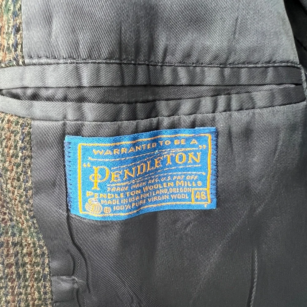 Men's Pendleton Blazer Jacket Wool Dark Blue Plaid‎ Leather Buttons Size 46